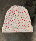White Jersey Beanie with Red Hearts