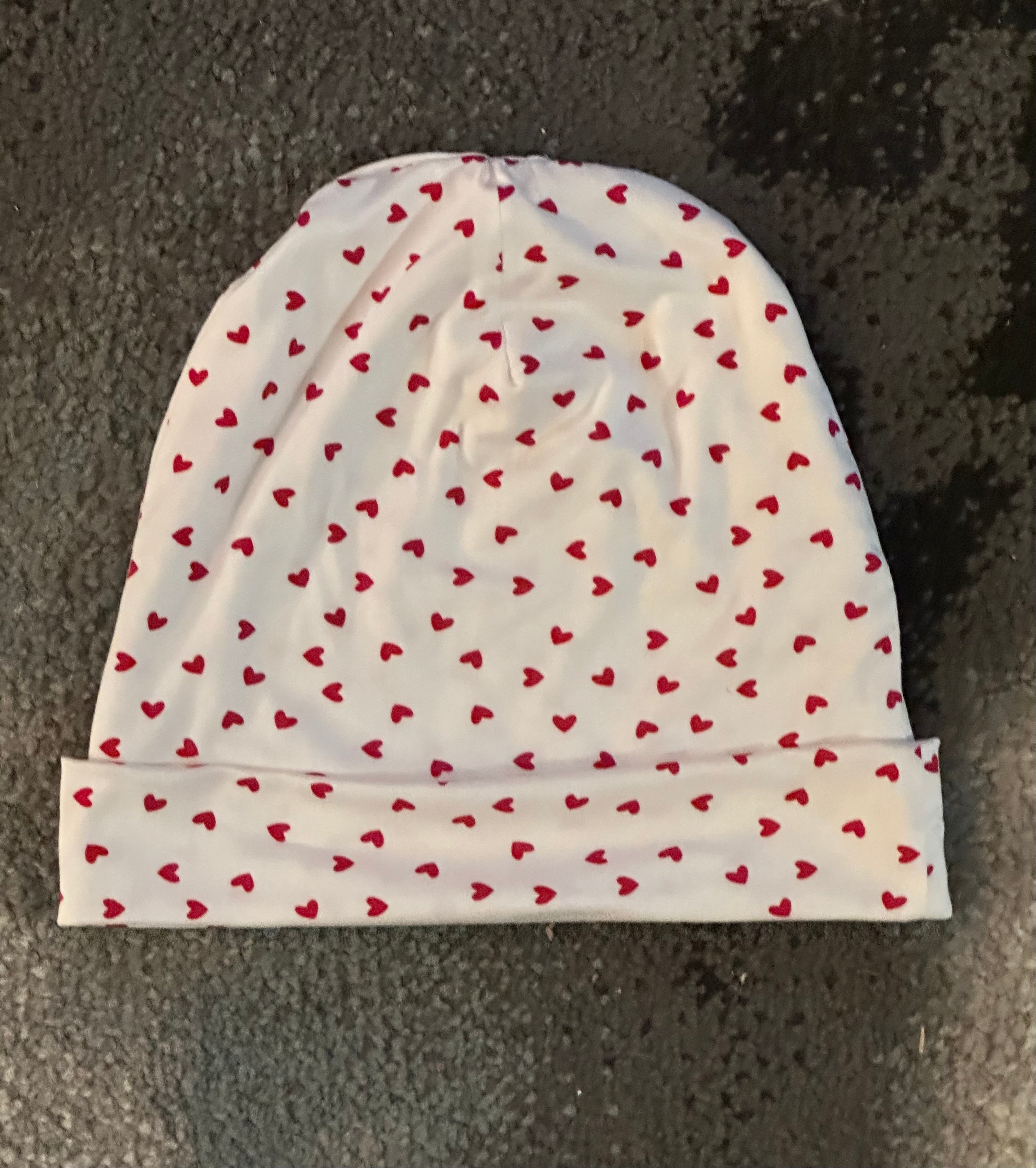 White Jersey Beanie with Red Hearts