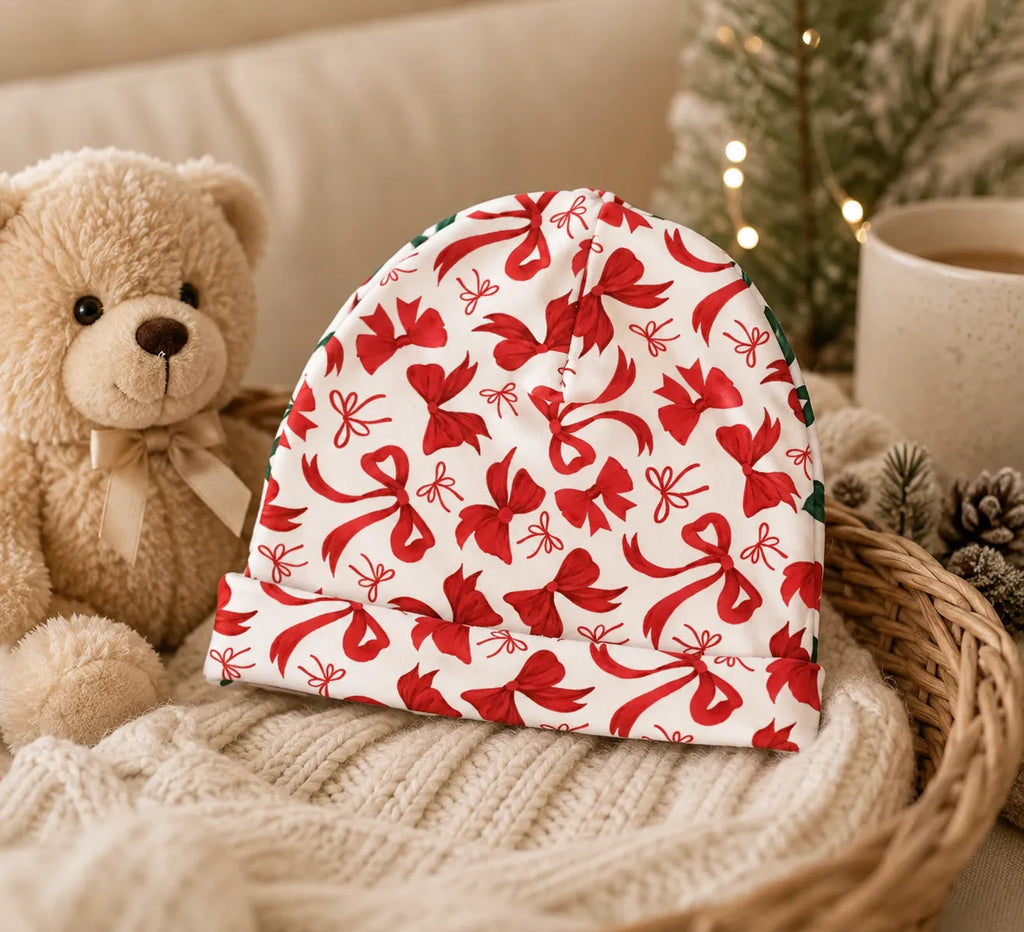 Red Bow Jersey Beanie with Red Hearts