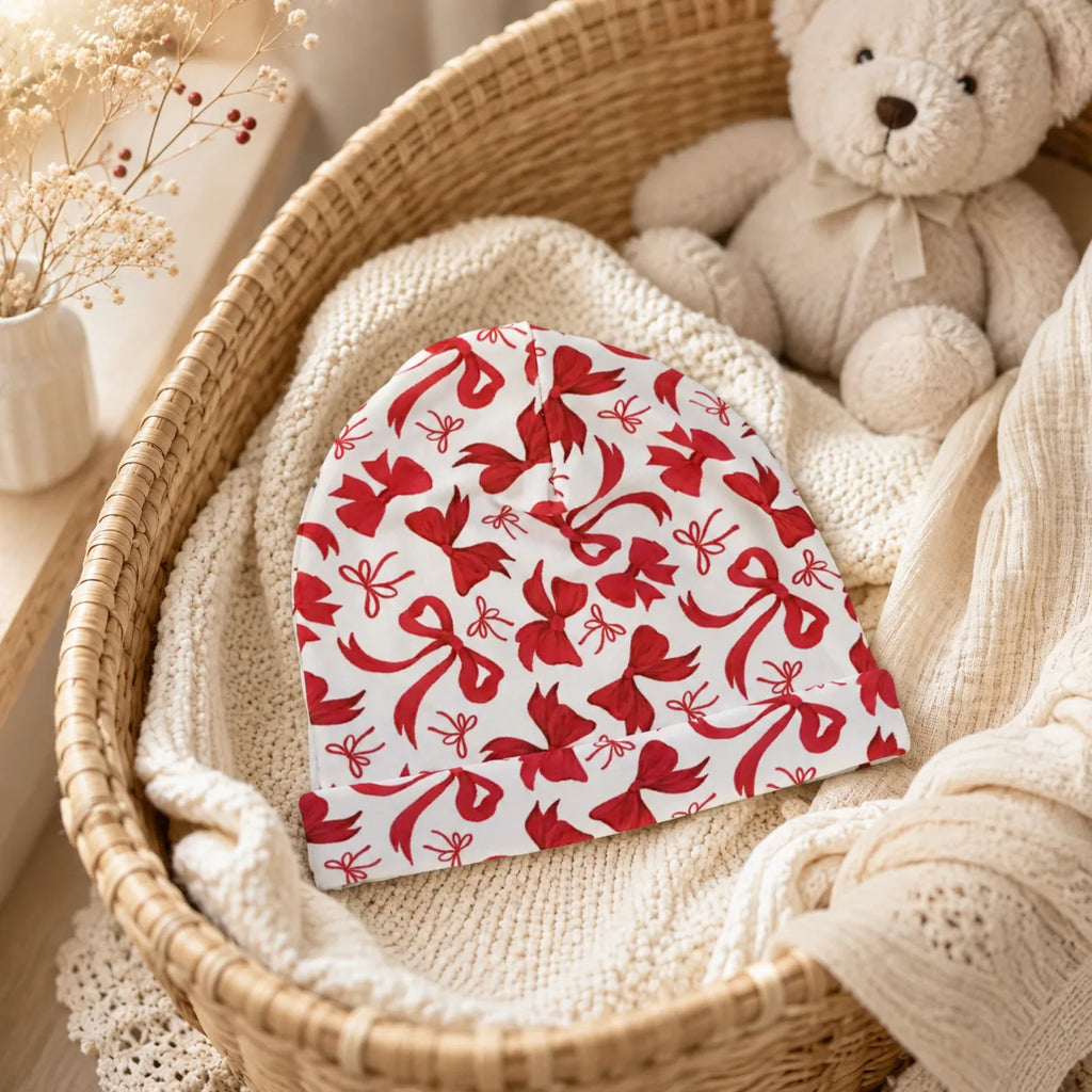 Red Bow Jersey Beanie with Red Hearts