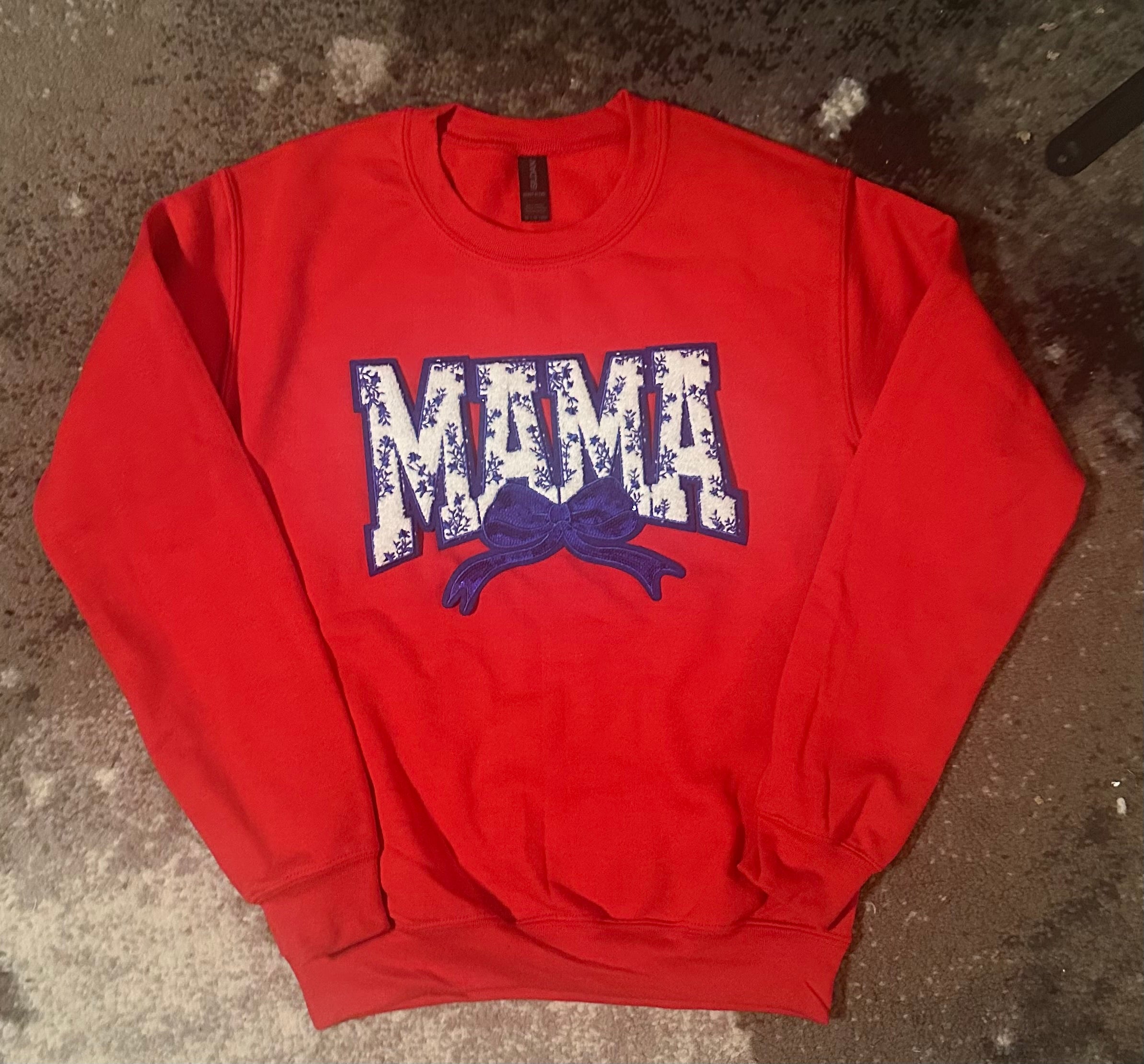 Blue Embroidered “Mama” Crewneck (White or Red)