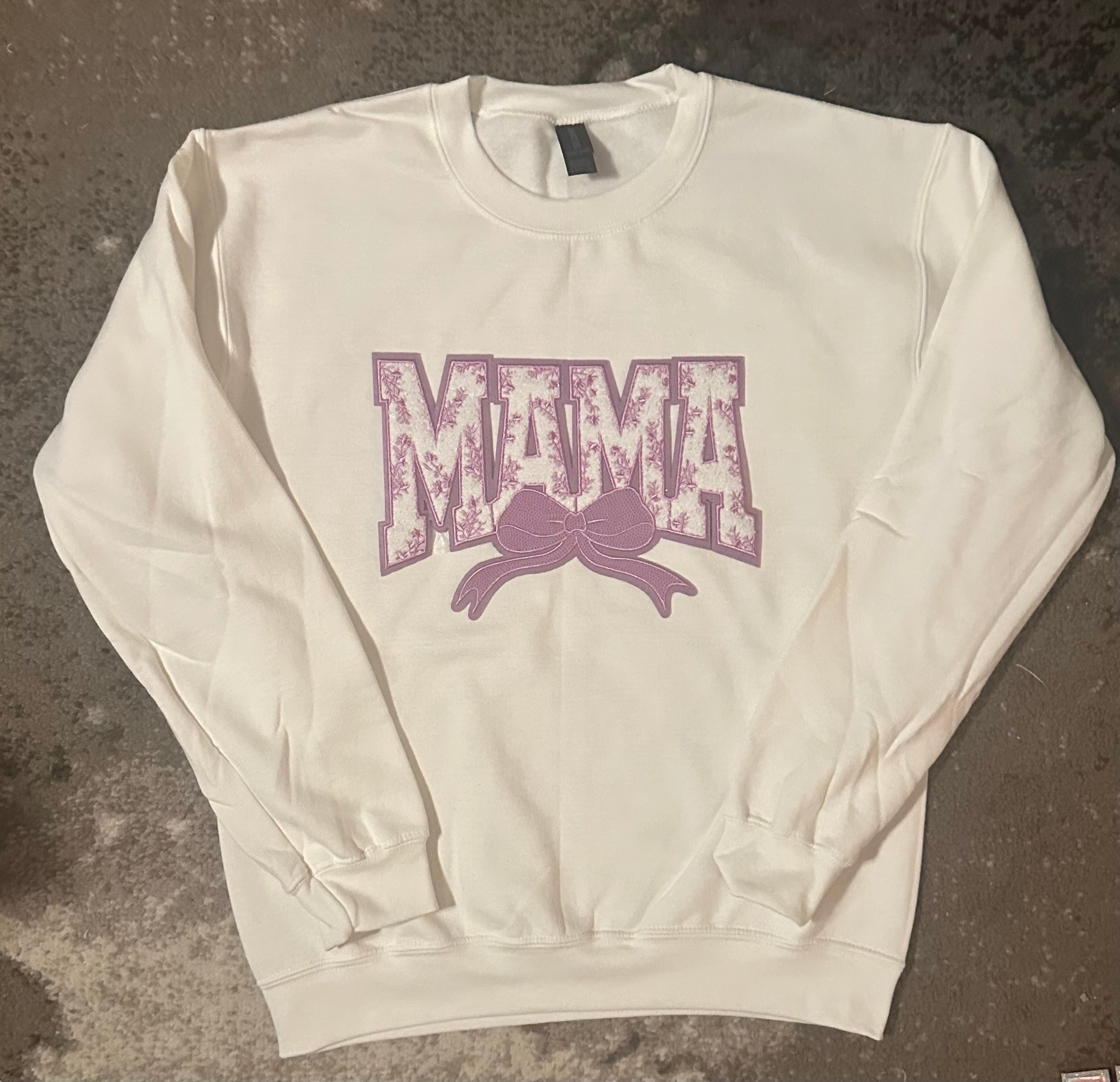 Pink Embroidered “Mama” White Crewneck