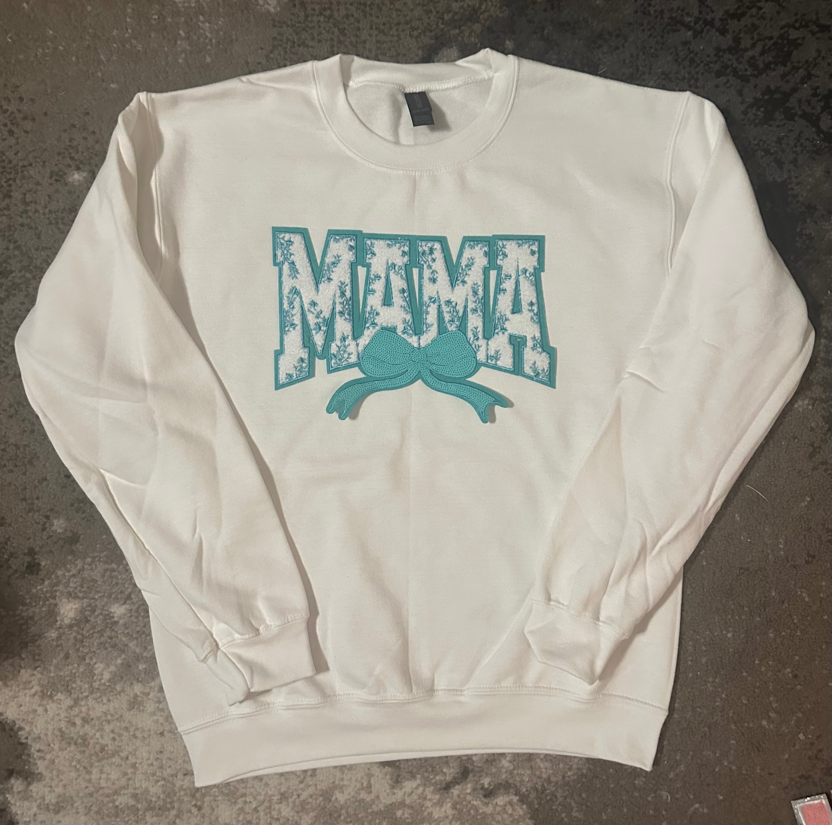 Teal Embroidered “Mama” White Crewneck