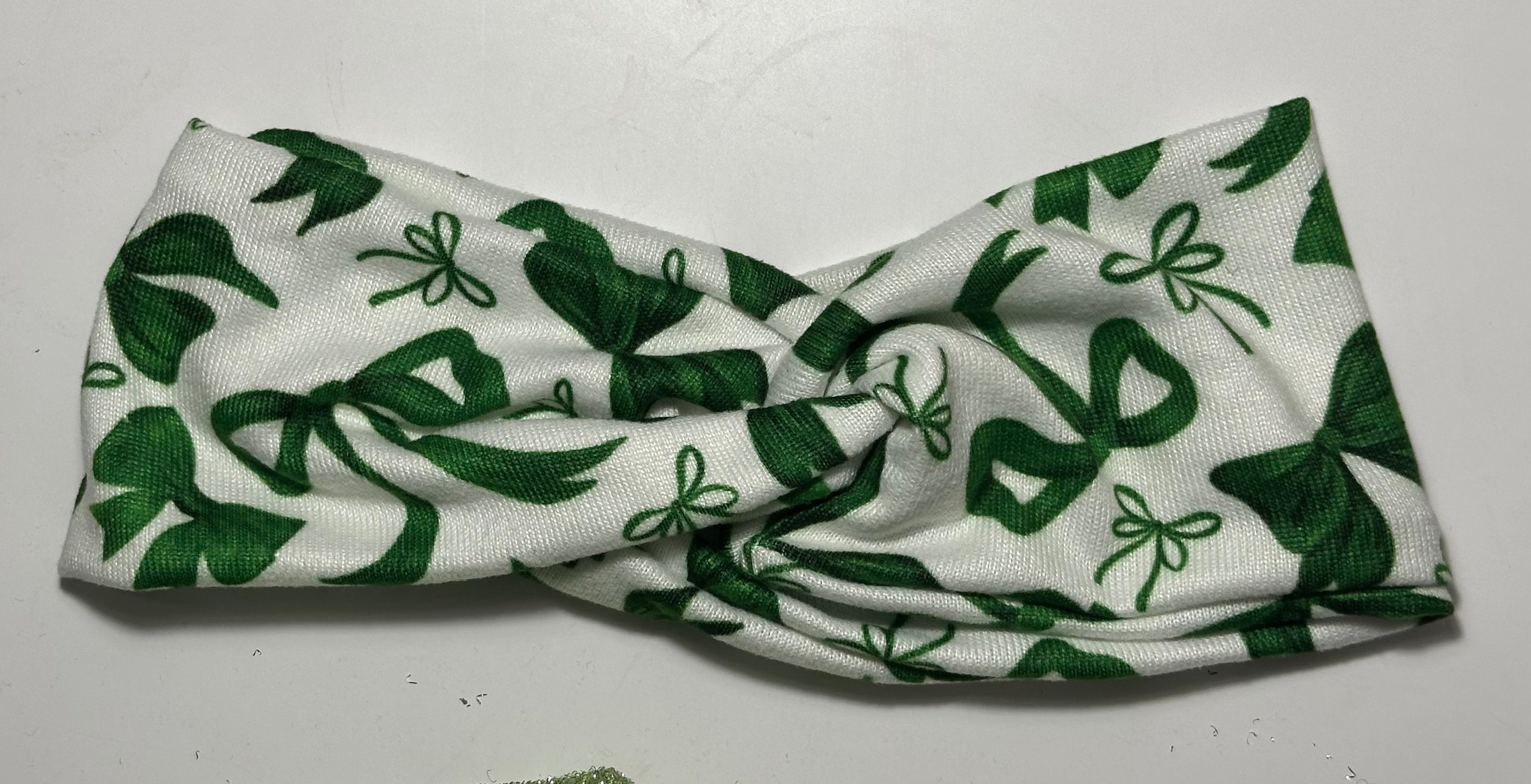 Green bows on white Twisted Knot headband