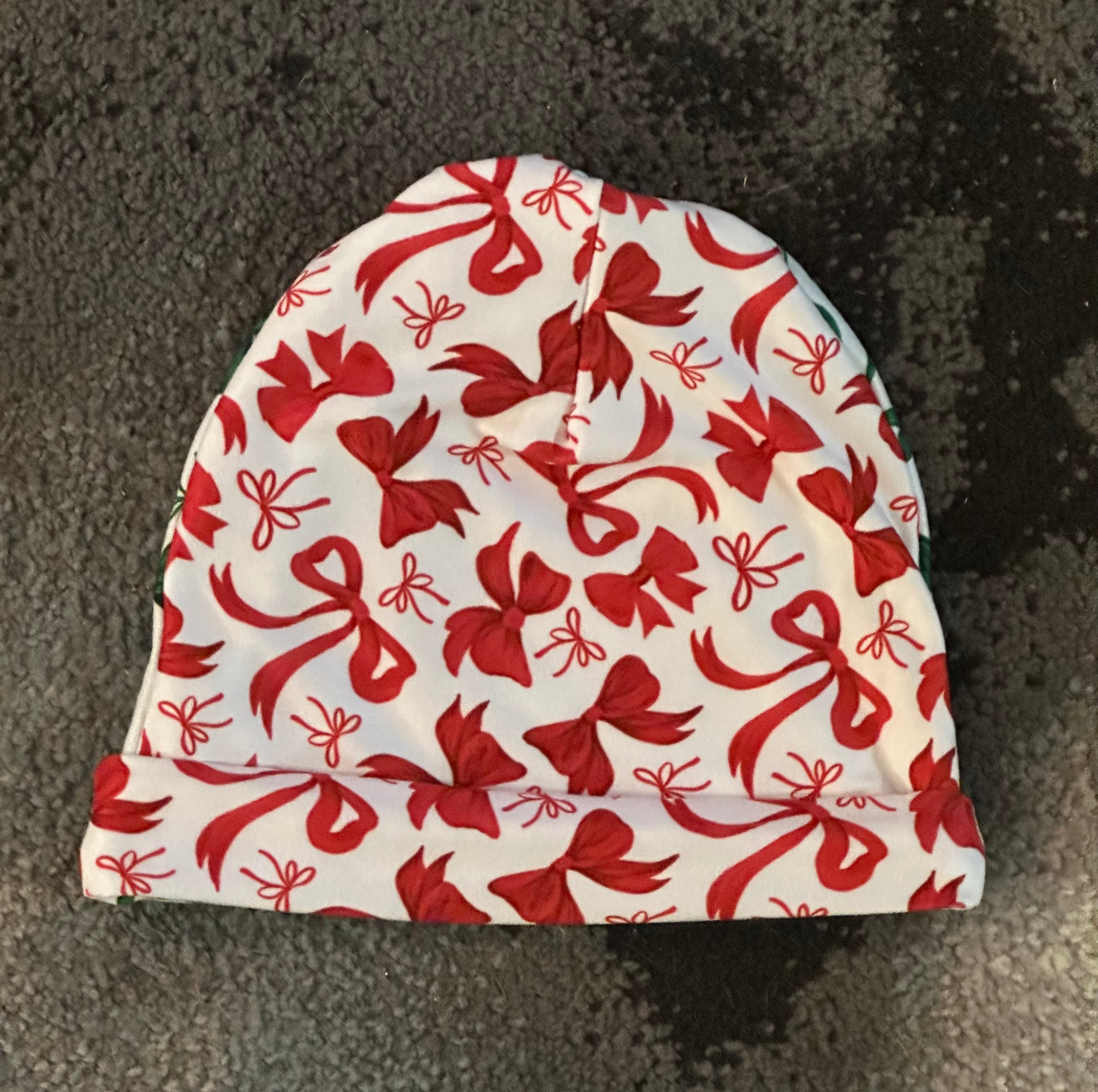 Red Bow Jersey Beanie with Red Hearts