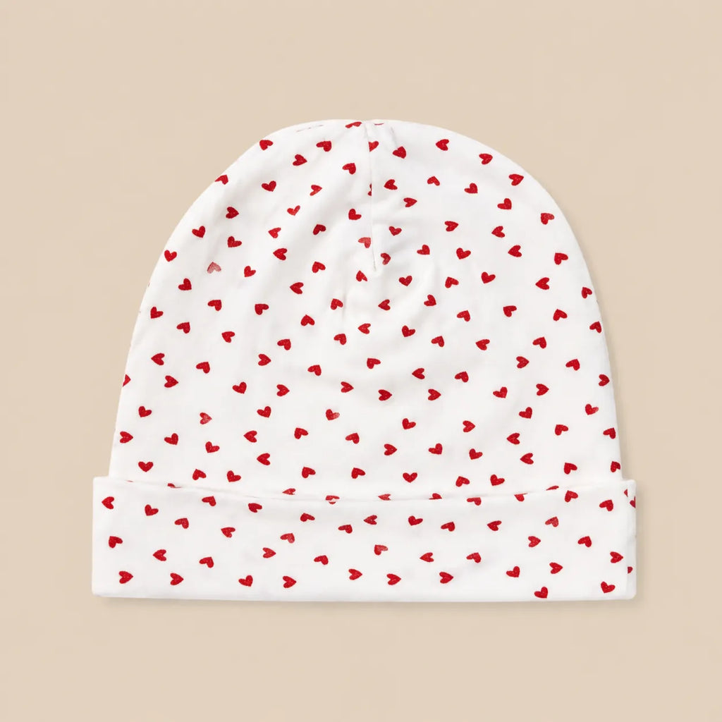 White Jersey Beanie with Red Hearts
