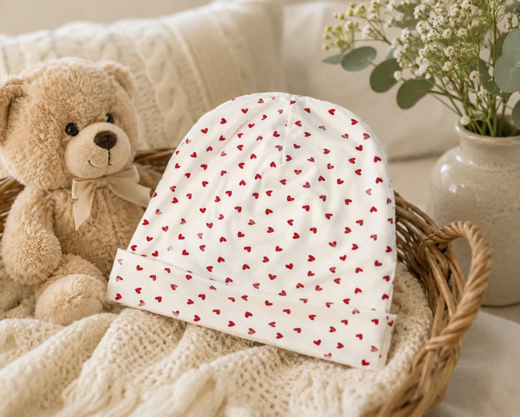White Jersey Beanie with Red Hearts