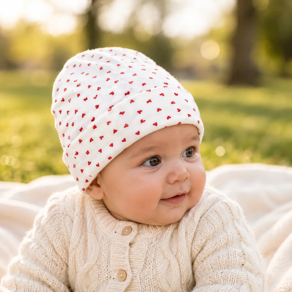 White Jersey Beanie with Red Hearts