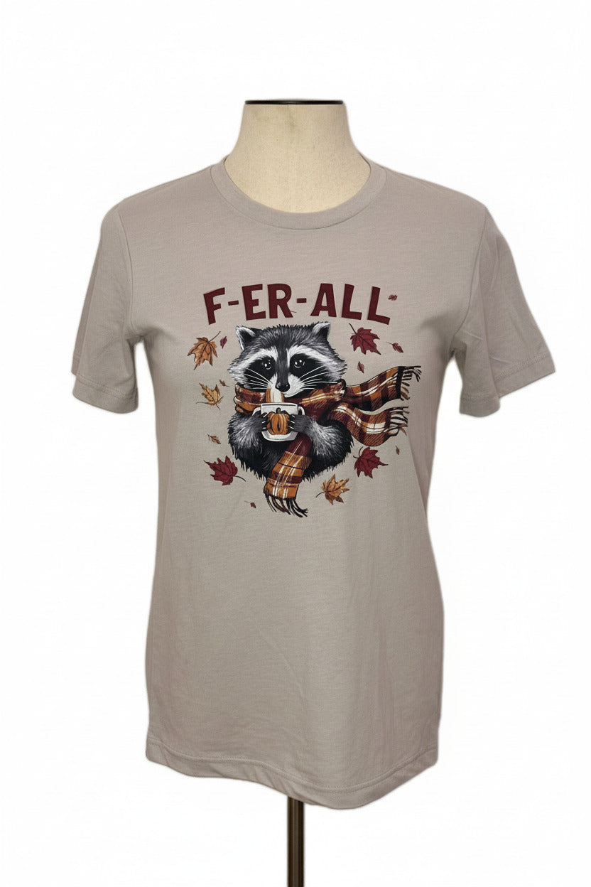 Beige t-shirt with raccoon graphic and 'F-ER-ALL' 