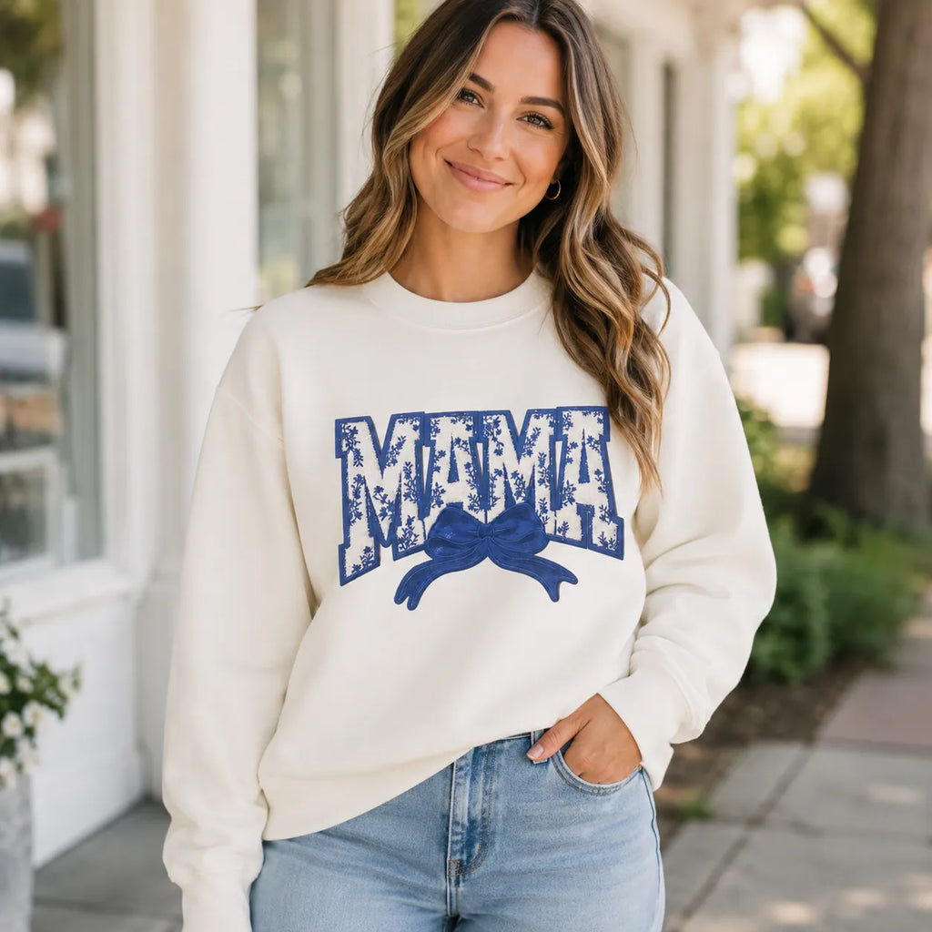 Blue Embroidered “Mama” Crewneck (White or Red)