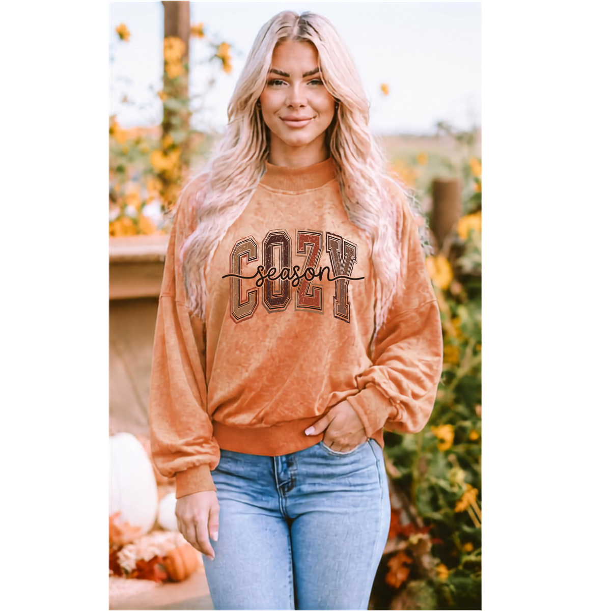 "Cozy Season" Orange Drop Shoulder Crew Neck Pullover Sweatshirt