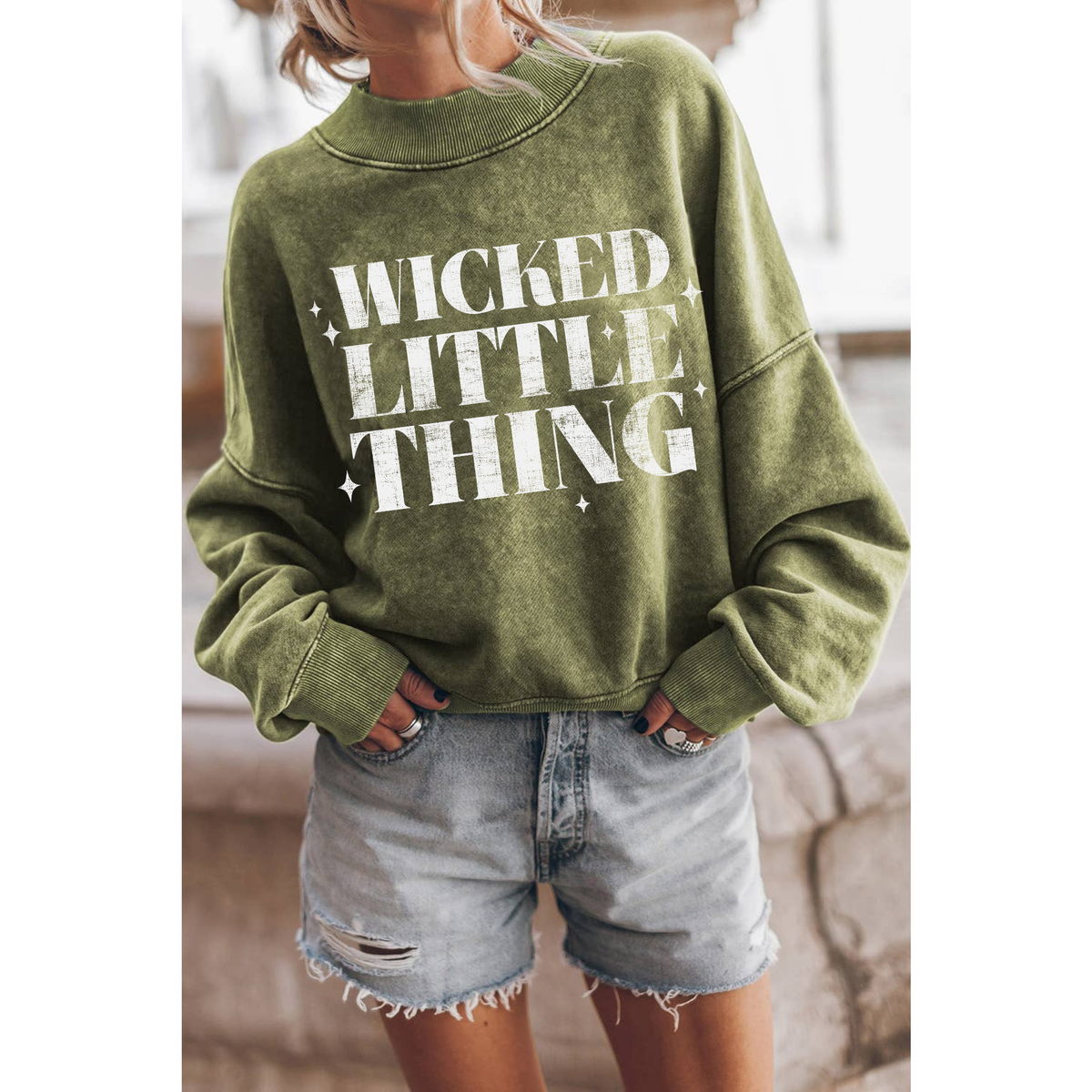 "Wicked Little Thing" Green Drop Shoulder Crew Neck Pullover Sweatshirt