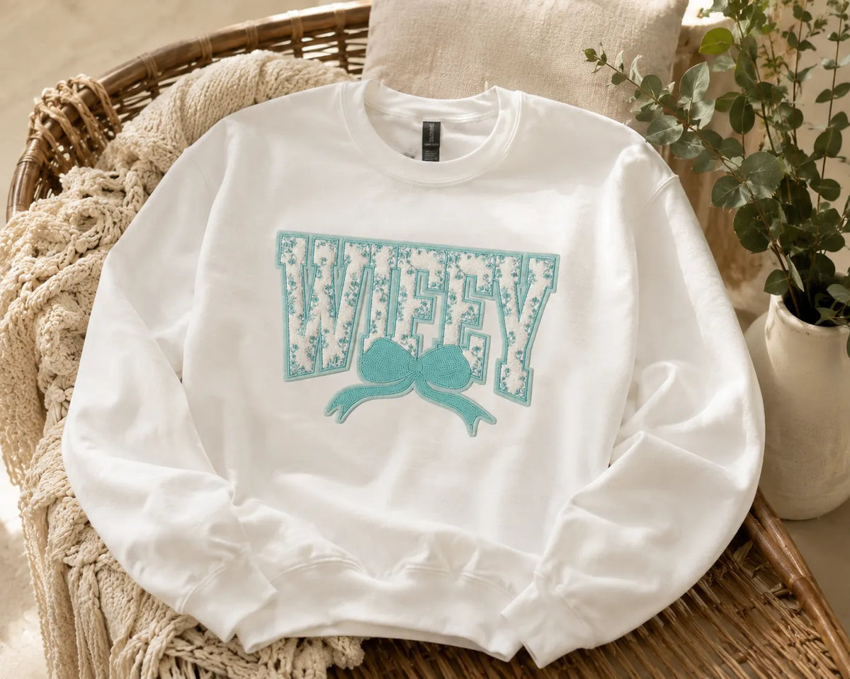 Teal Embroidered “Wifey” White Crewneck