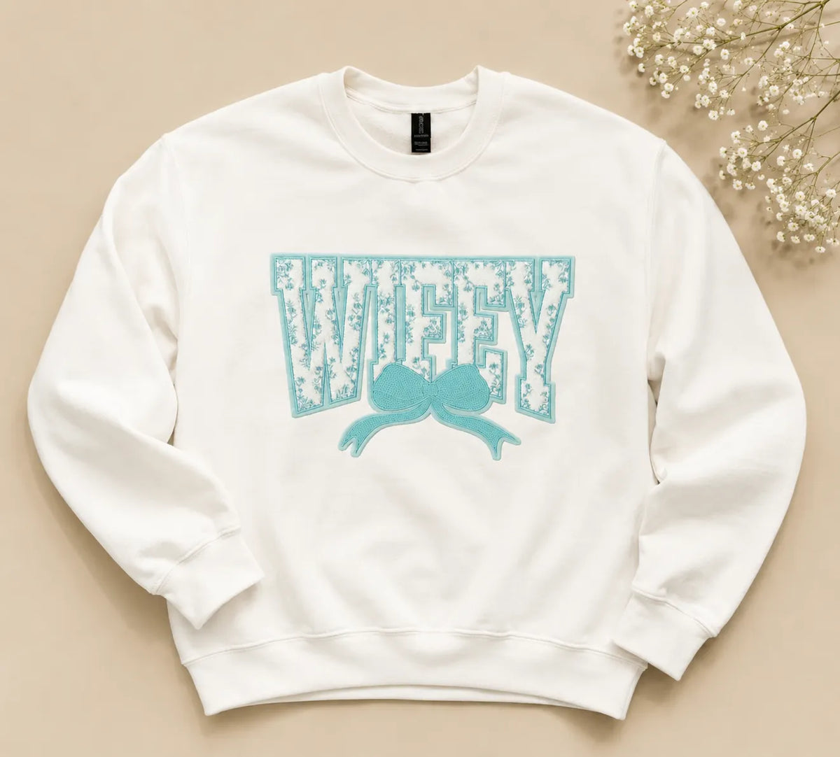 Teal Embroidered “Wifey” White Crewneck