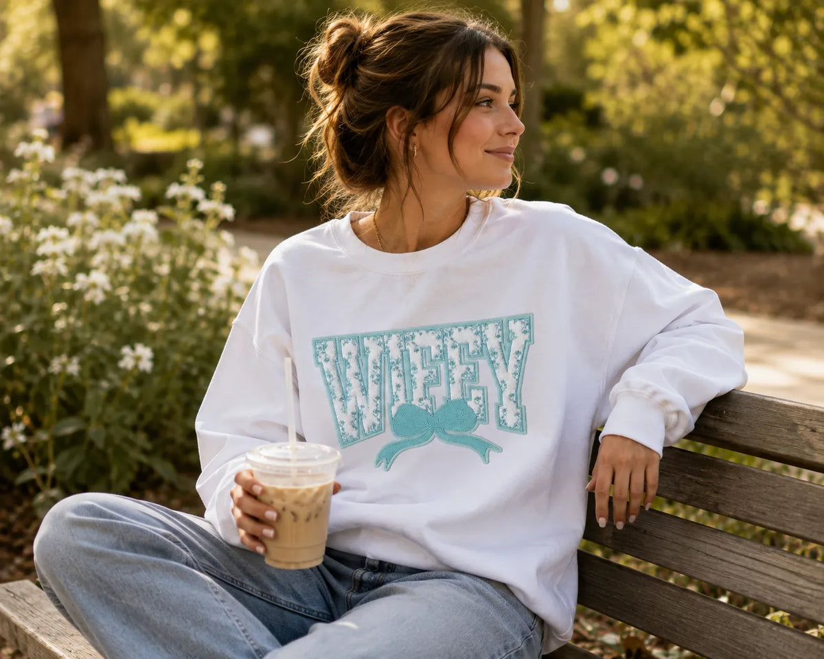 Teal Embroidered “Wifey” White Crewneck